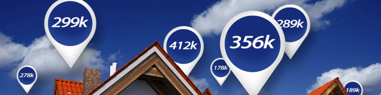 Immobilienpreise als Kartenmarkierungen über Hausdächern